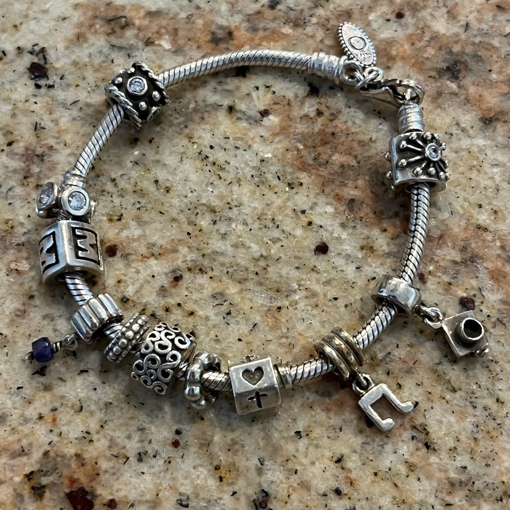 Authentic Pandora Sterling Silver Bracelet with Charms, Spacers & Cubic Zirconia